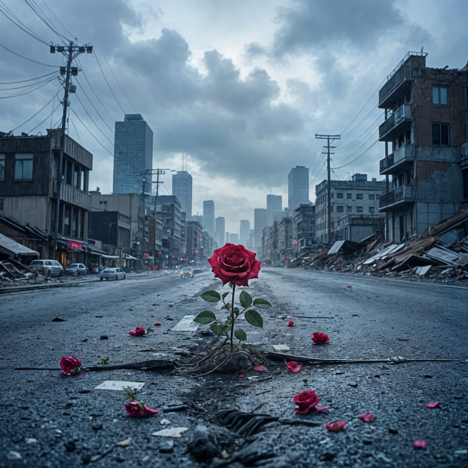 Resilient Rose Blooms in Post-Apocalyptic Cityscape