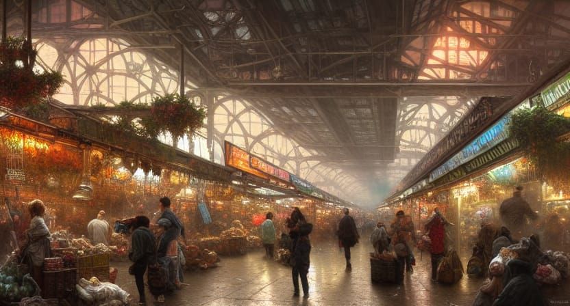 Crowded Market Underpass: Hyperdetailed Maximalist Matte Pai...