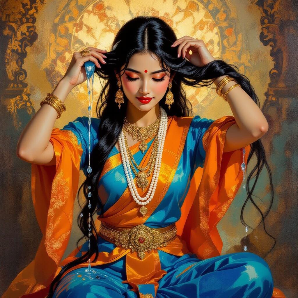 Thai Earth Goddess Wringing Holy Water: Oil Painting