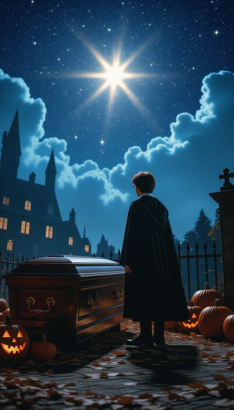 Harry Potter Mourns Under Starry Sky, Cinematic Still