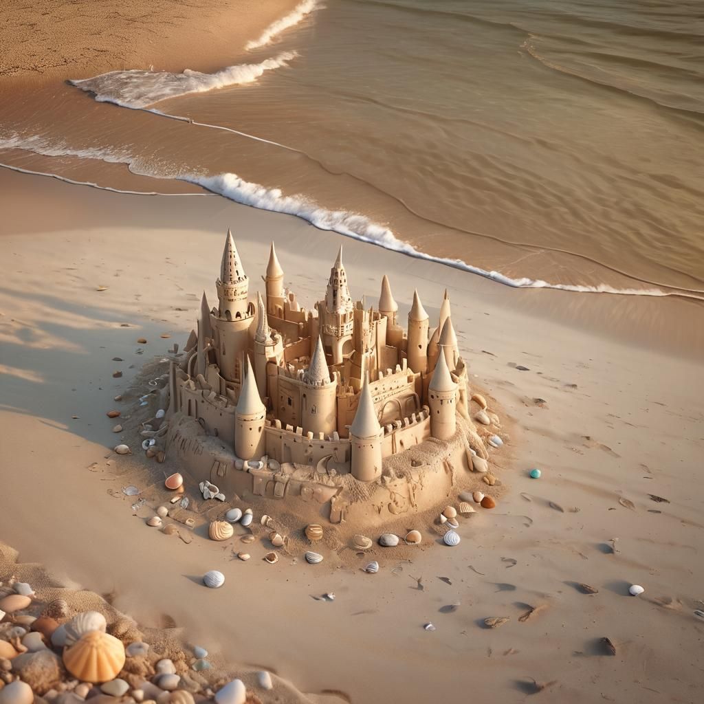 Serene Sunset Sandcastle: Whimsical Digital Art