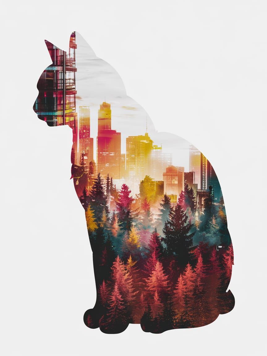 Dual Exposure Cat Silhouette: Forest Meets City