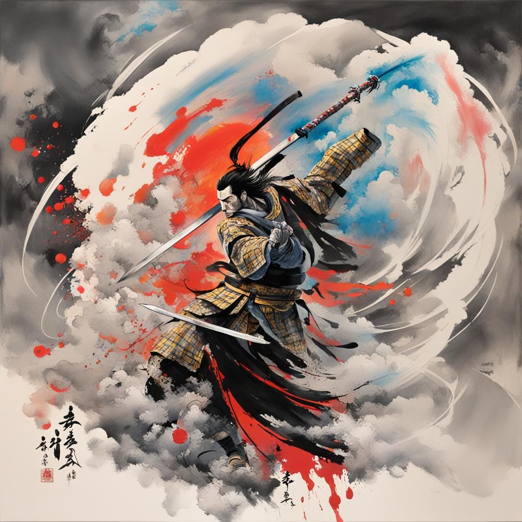 Vibrant Samurai Warrior in Swirling Ink Clouds