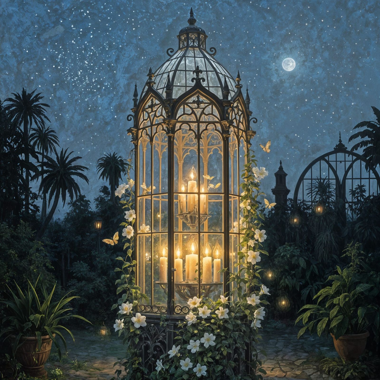 Moonlit Botanical Garden in Oil Painting Style
