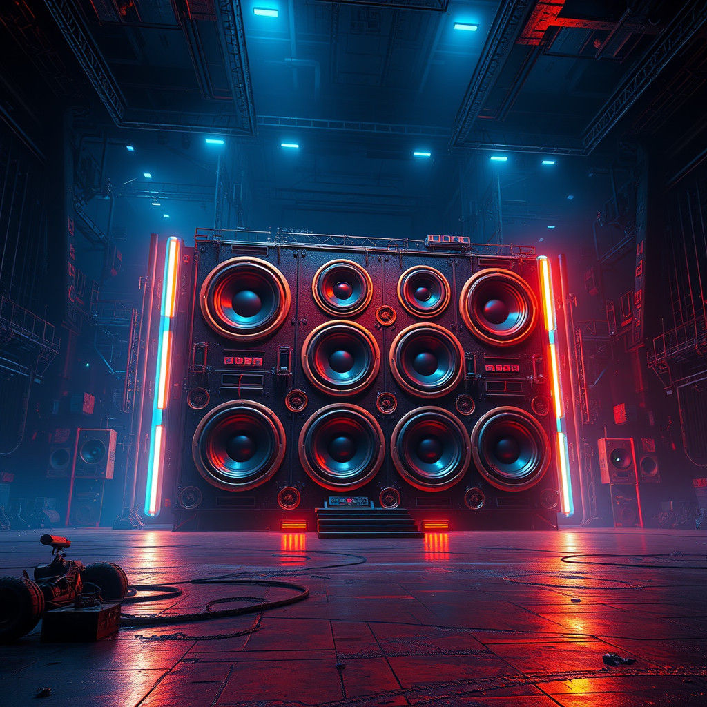 Colossal Sound Wall in Dimly Lit Galpão