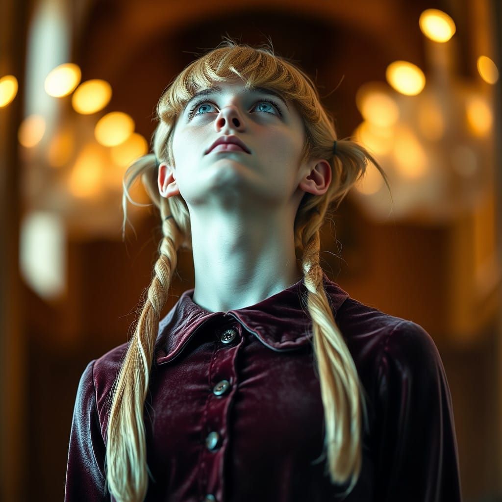 Androgynous Model in Velvet Peter Pan Dress and Pigtails