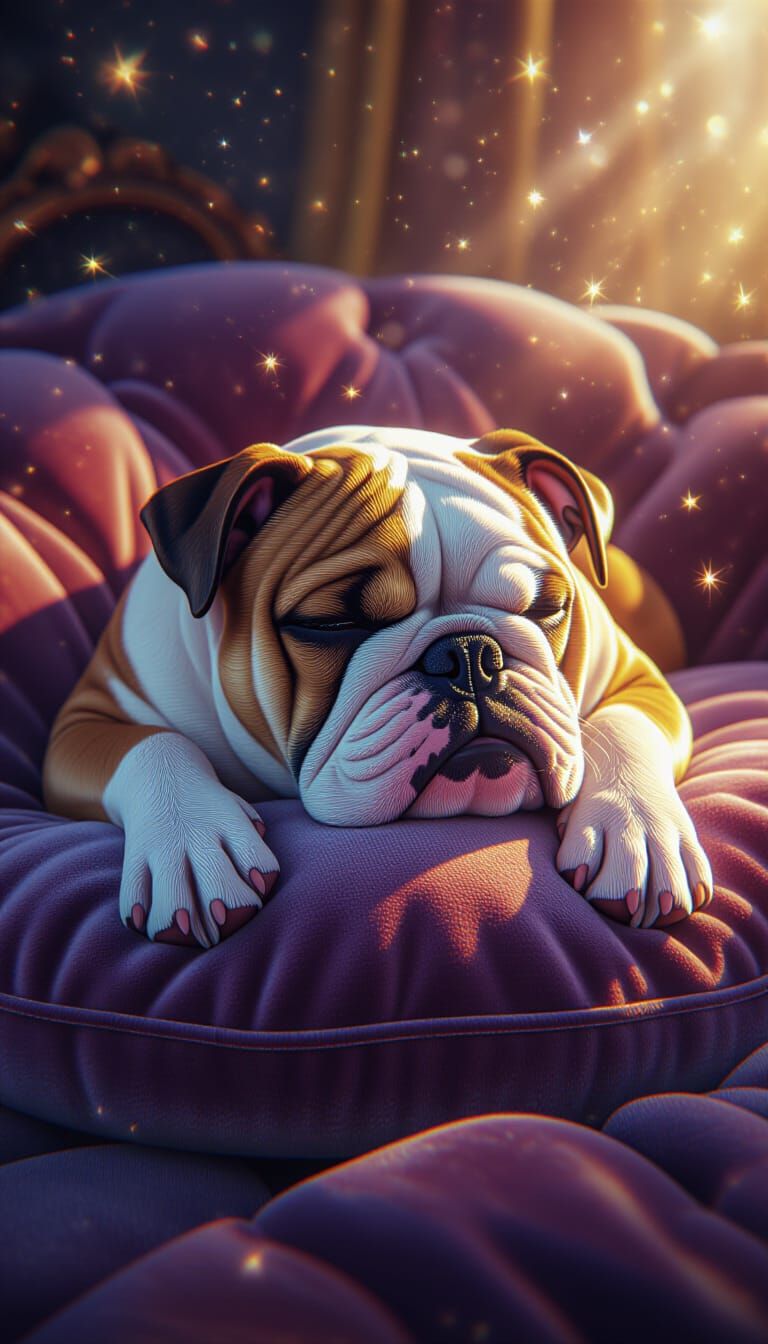Crystal Bulldog on Velvet Cushion in Mystical Realism