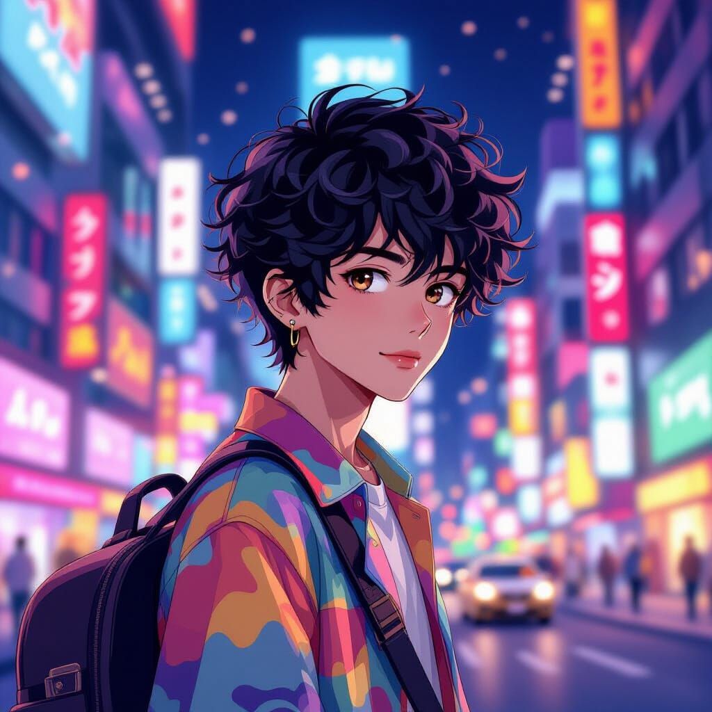 Anime Cityscape: Young Man with Guitar Case