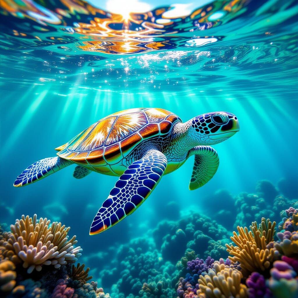 Sea Turtle Mosaic of Iridescent Sea Glass