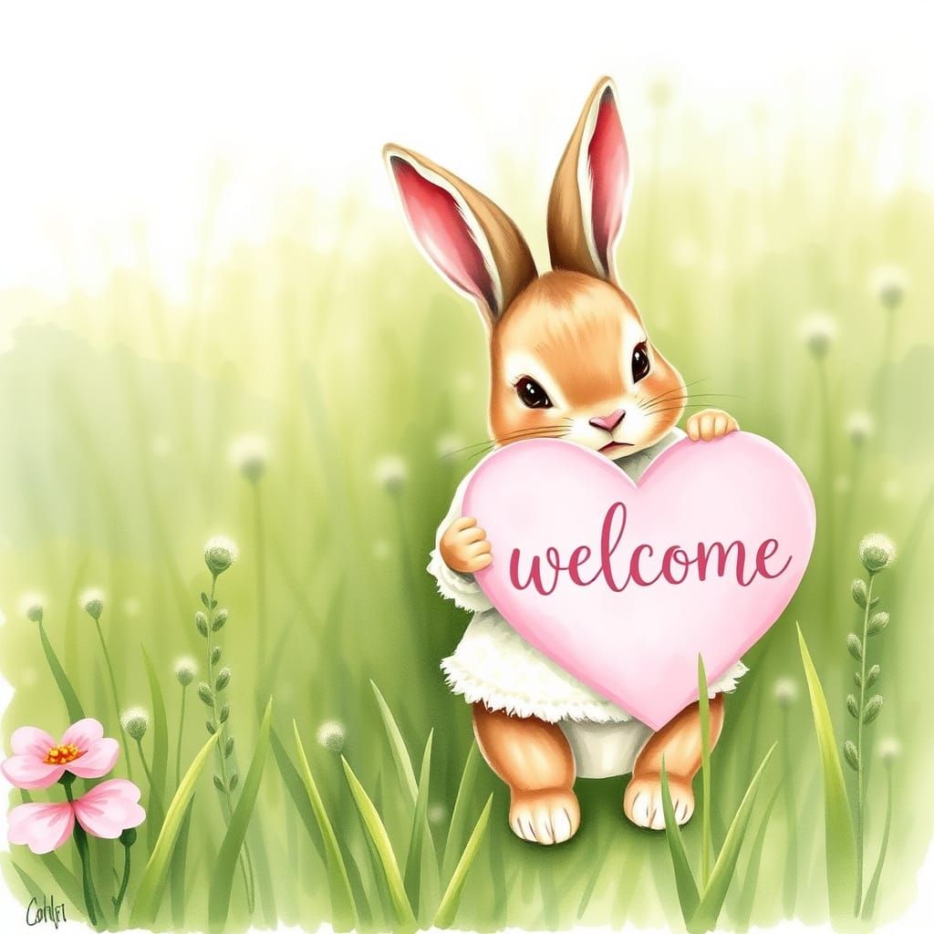 Baby Bunny Holding Welcome Sign in Watercolor Style