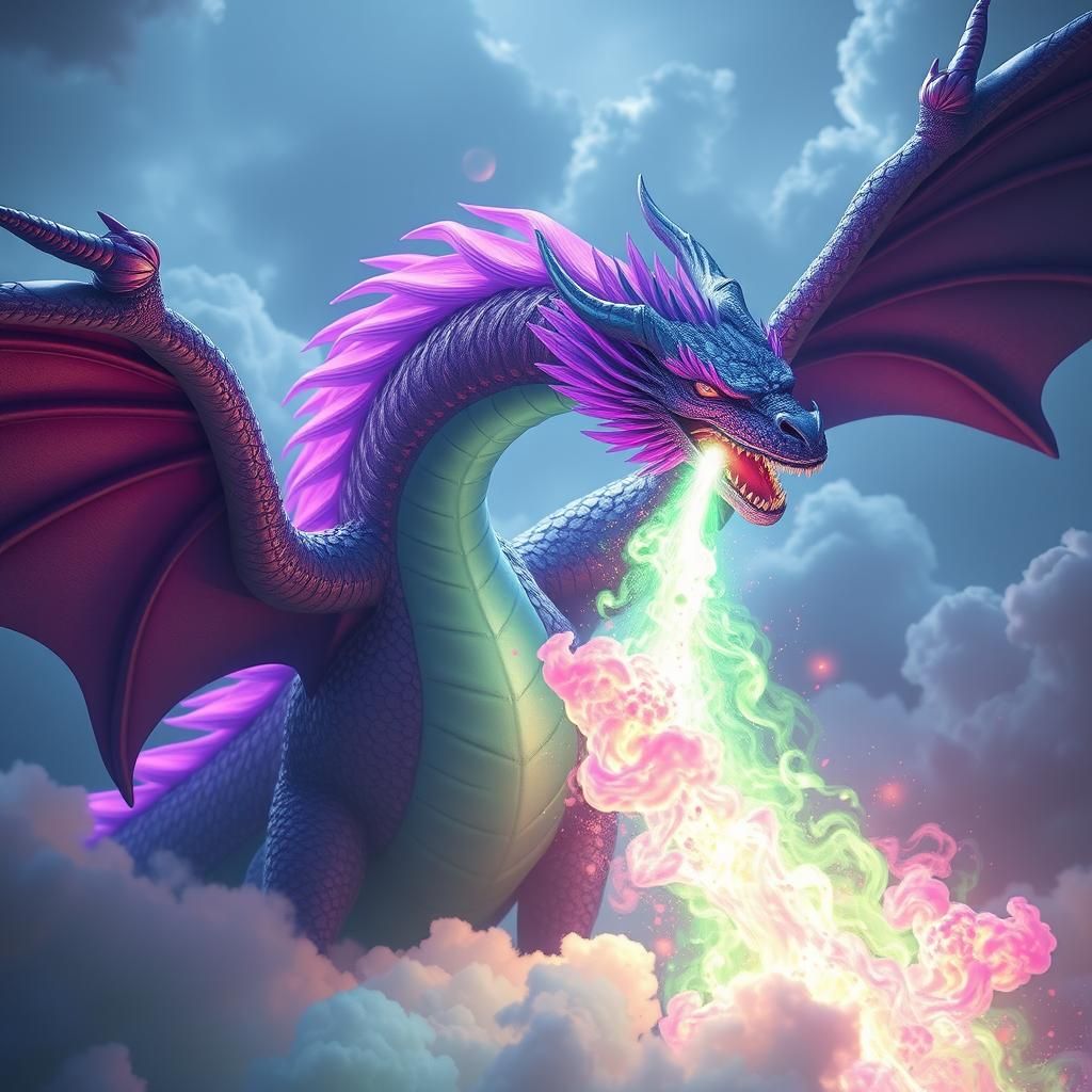Purple and Blue Dragon Breathing Fire