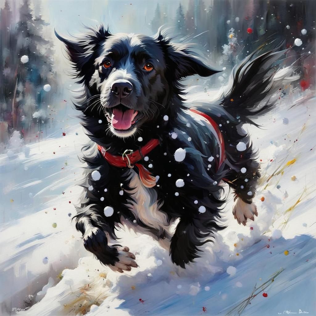 Joyful Black Dog Playing Near Snowman in Fine Art Style