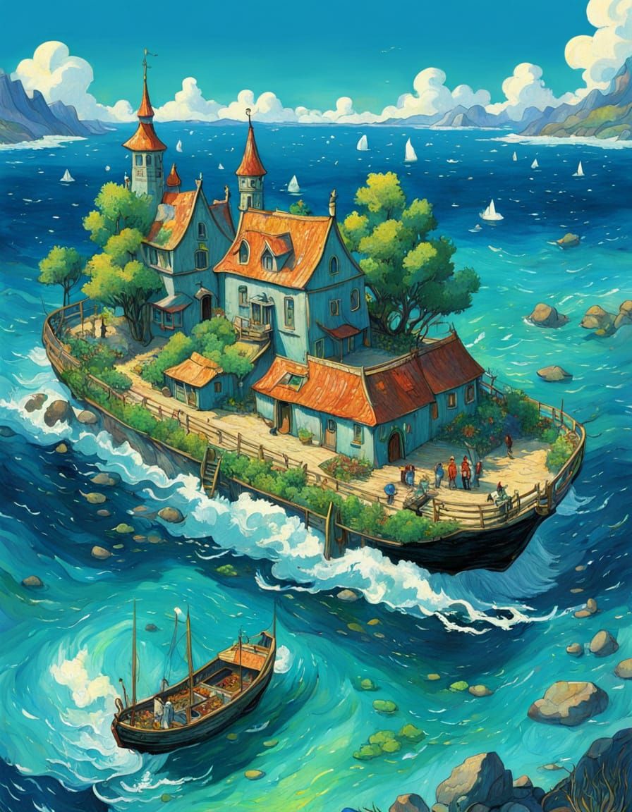 Whimsical Sci-Fi Fantasy Island Illustration