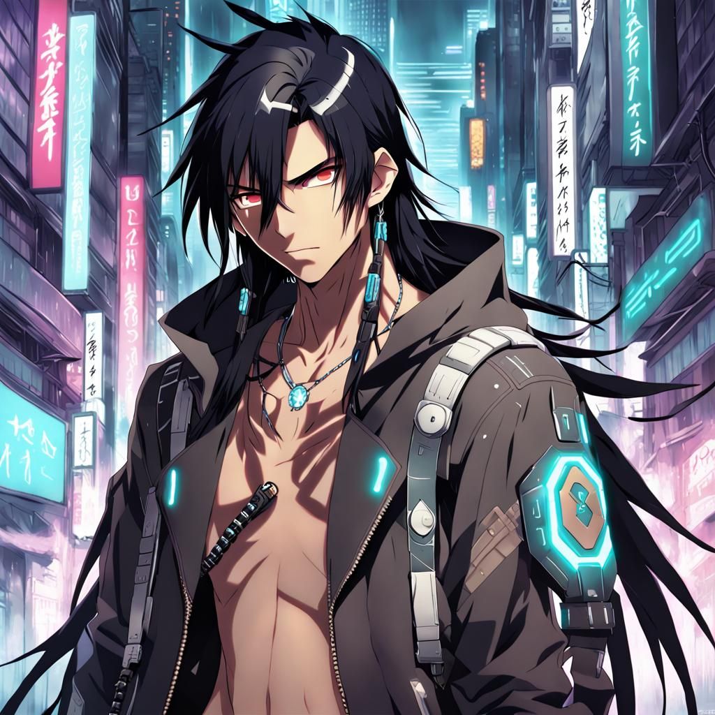Cyberpunk Native American Anime Character with Black Hair