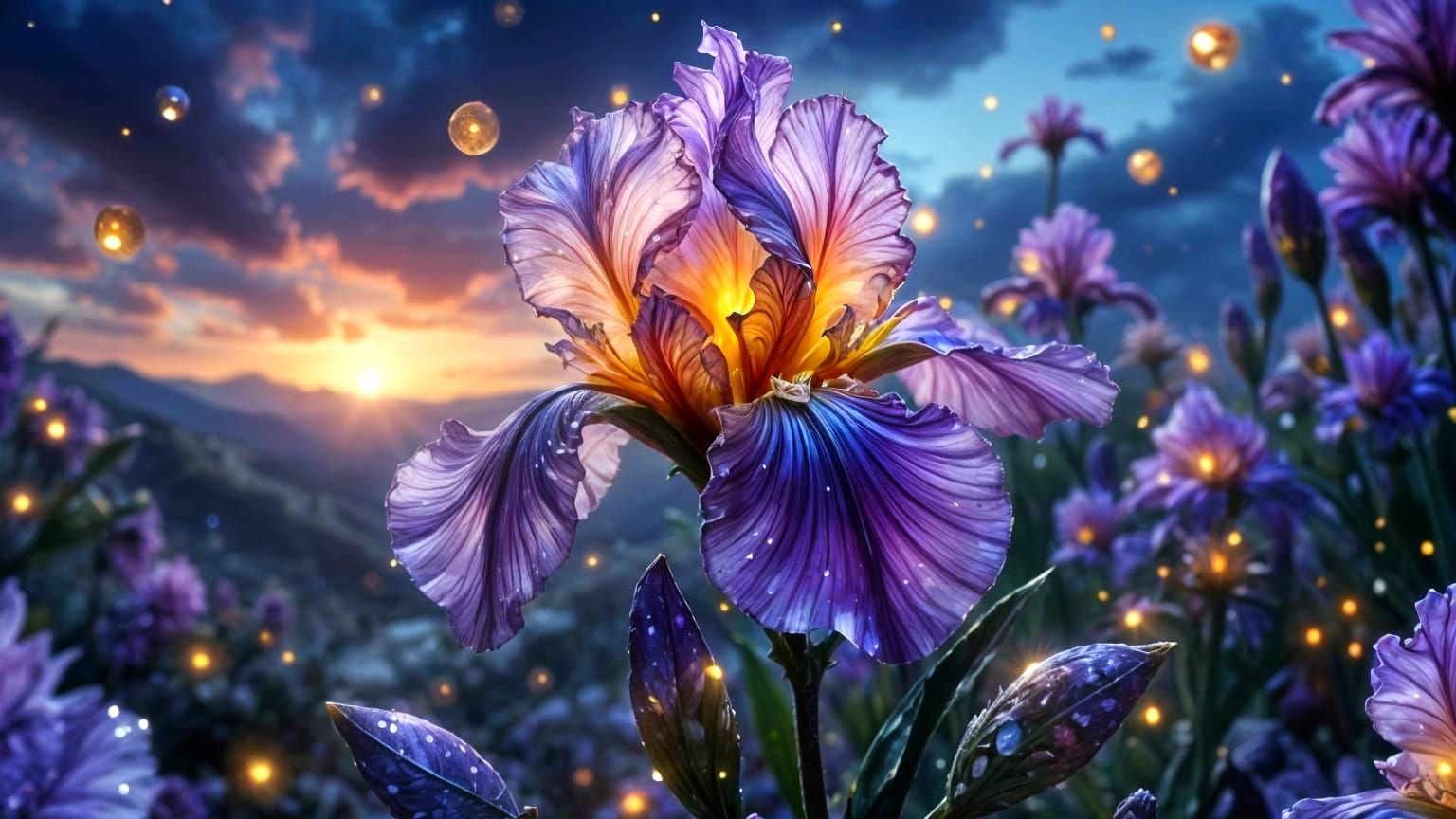 Glowing Iris in Barren Landscape, Stained Glass Style