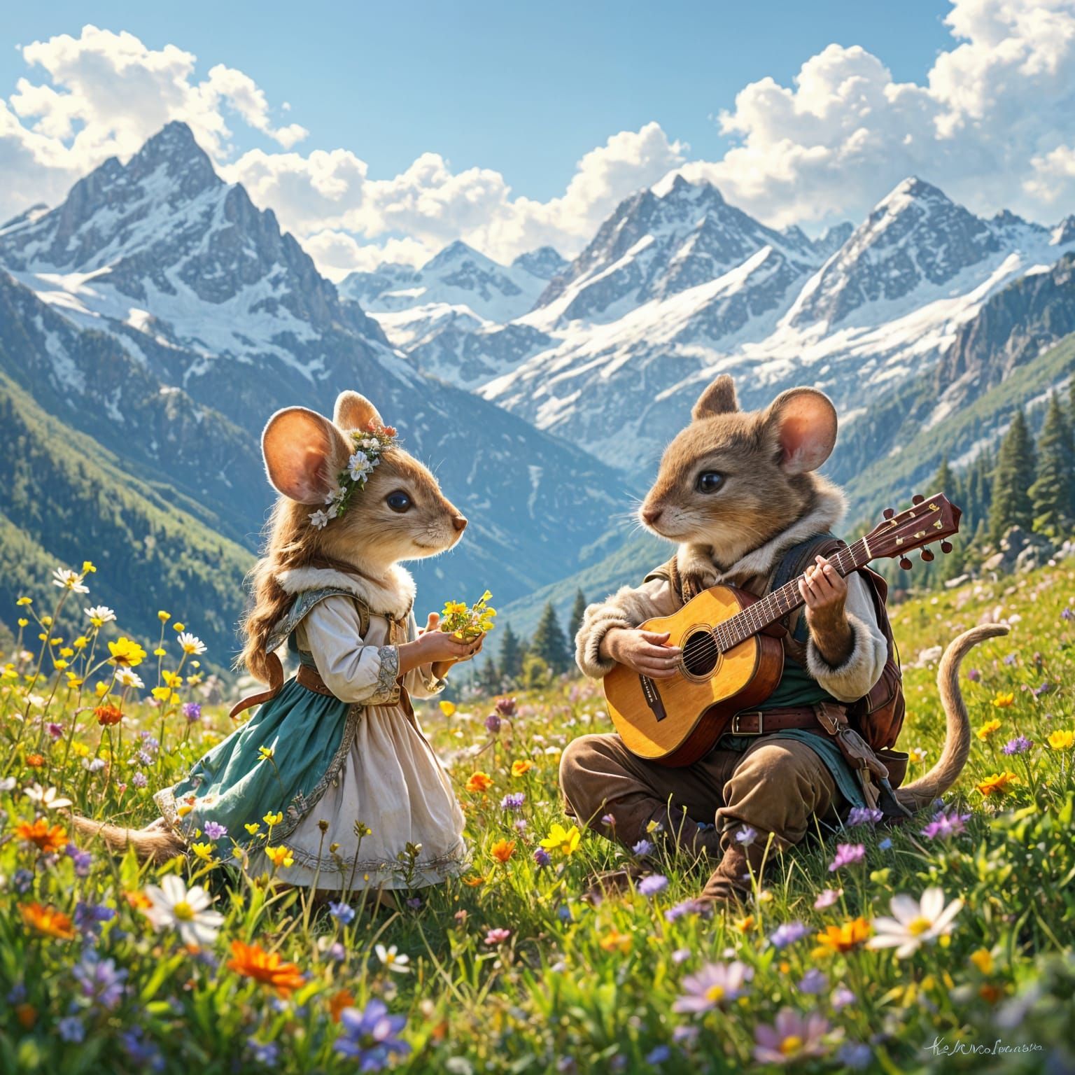 Anthropomorphic Mouse Couple in Majestic Alpine Meadow
