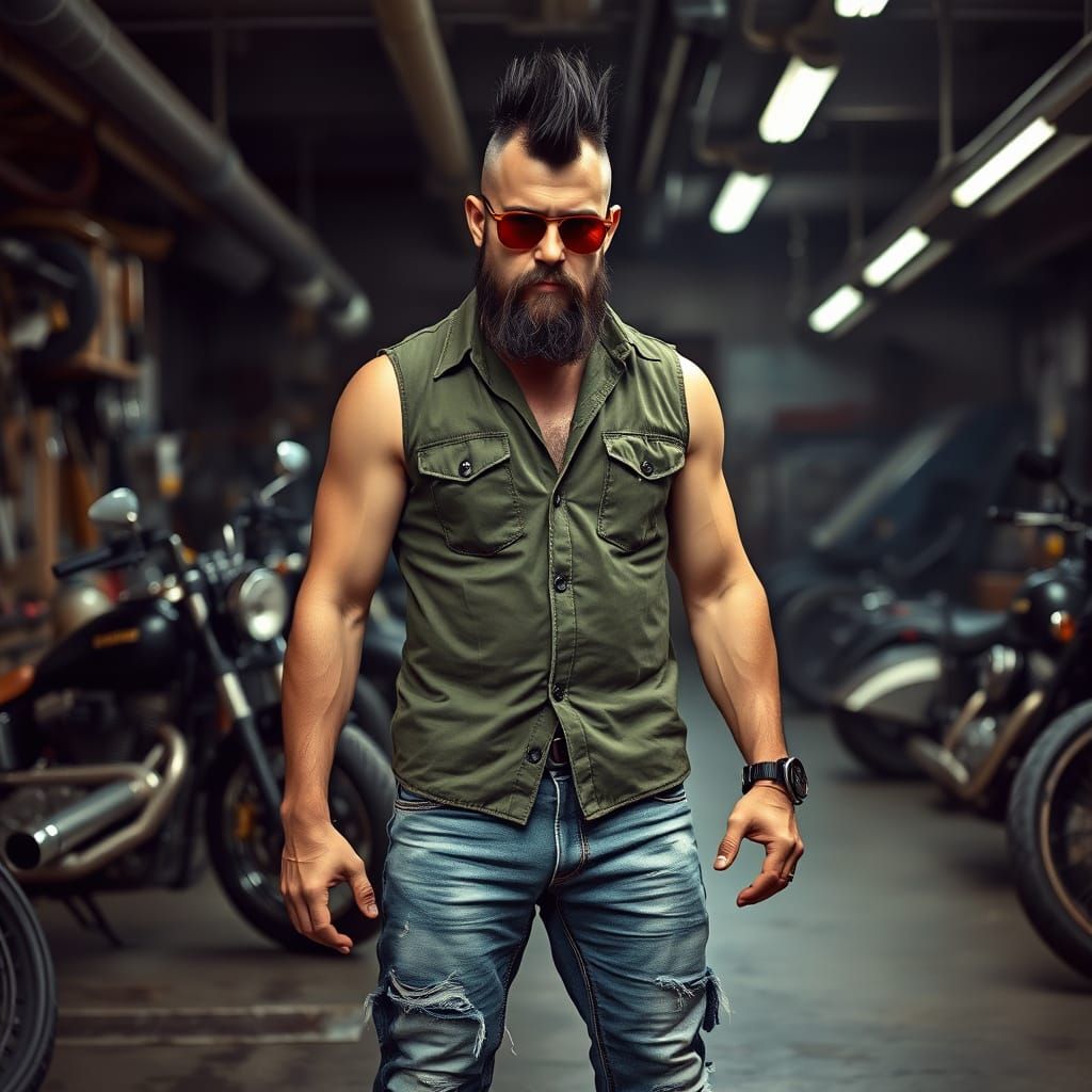 Tough Biker Stands Firm in Dimly Lit Garage