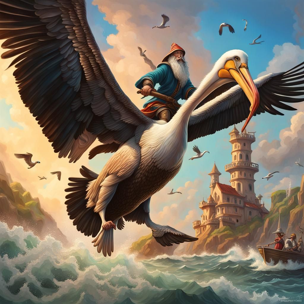 Wizard Attacks Bird Folk on Pelican, Hyperrealistic Art