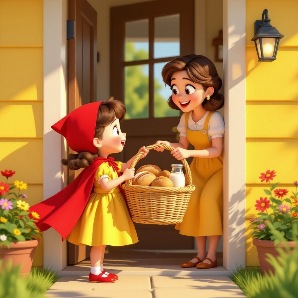 Girl in Red Cape Leaving Home, Pixar-Inspired 3D Art