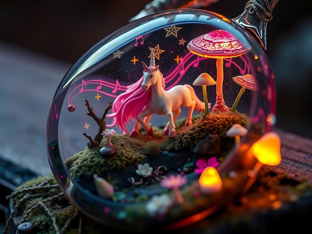 Glass Music Notes with Unicorn Forest, Fantasy Art