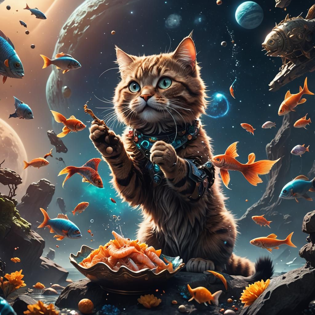 Cat Eating Fish in Space: Detailed Matte Painting