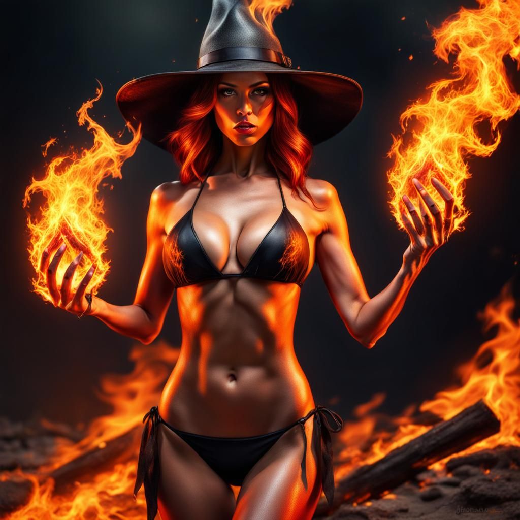 Inferno Witch with Flaming Hands in Photorealistic Style