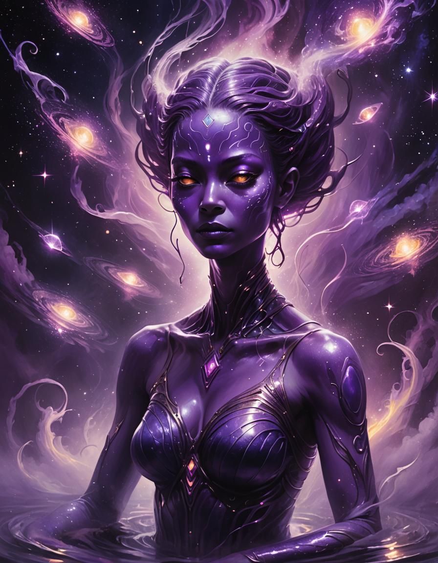 Alien Woman Meditating in Space, Oil Painting Style