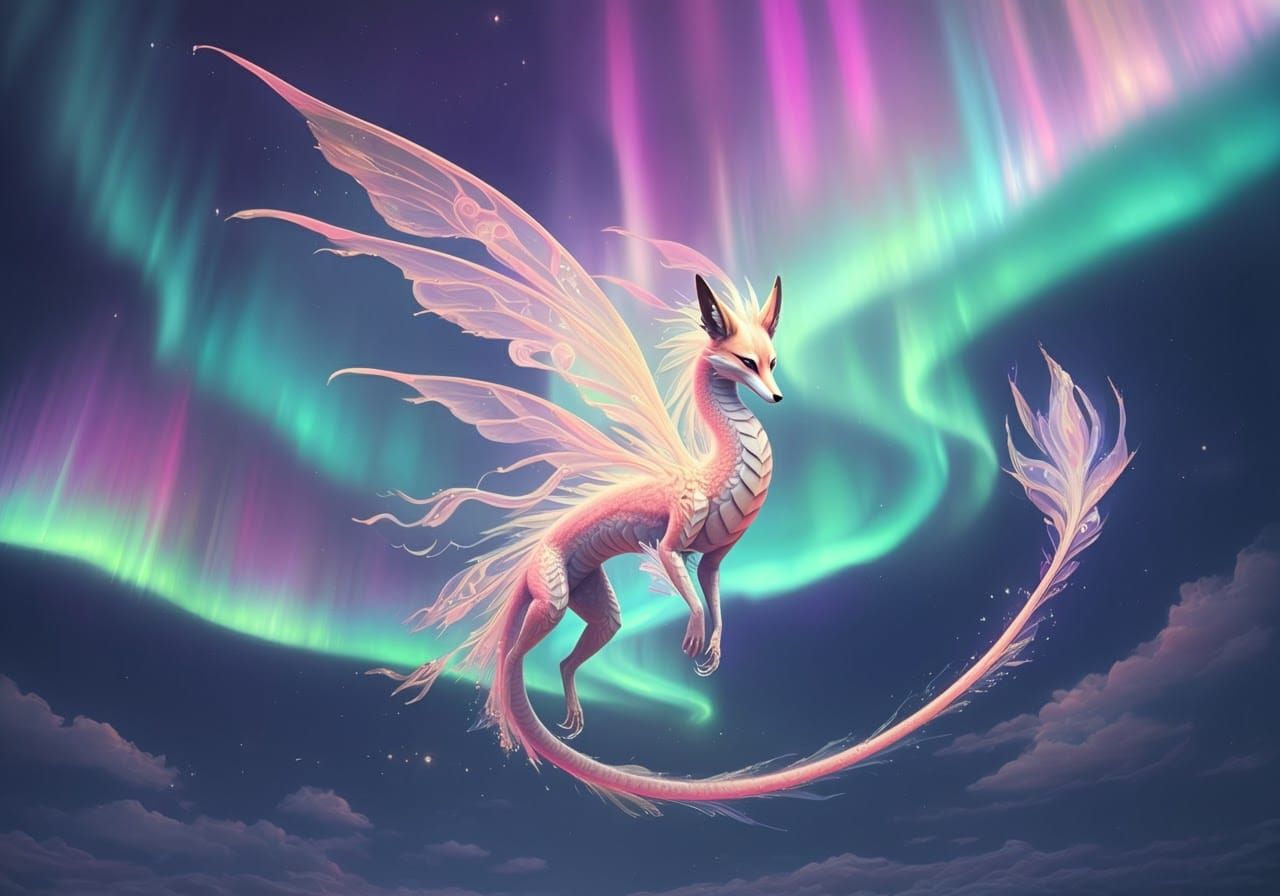 Ethereal Aurora Dragon Soaring Through Shimmering Sky