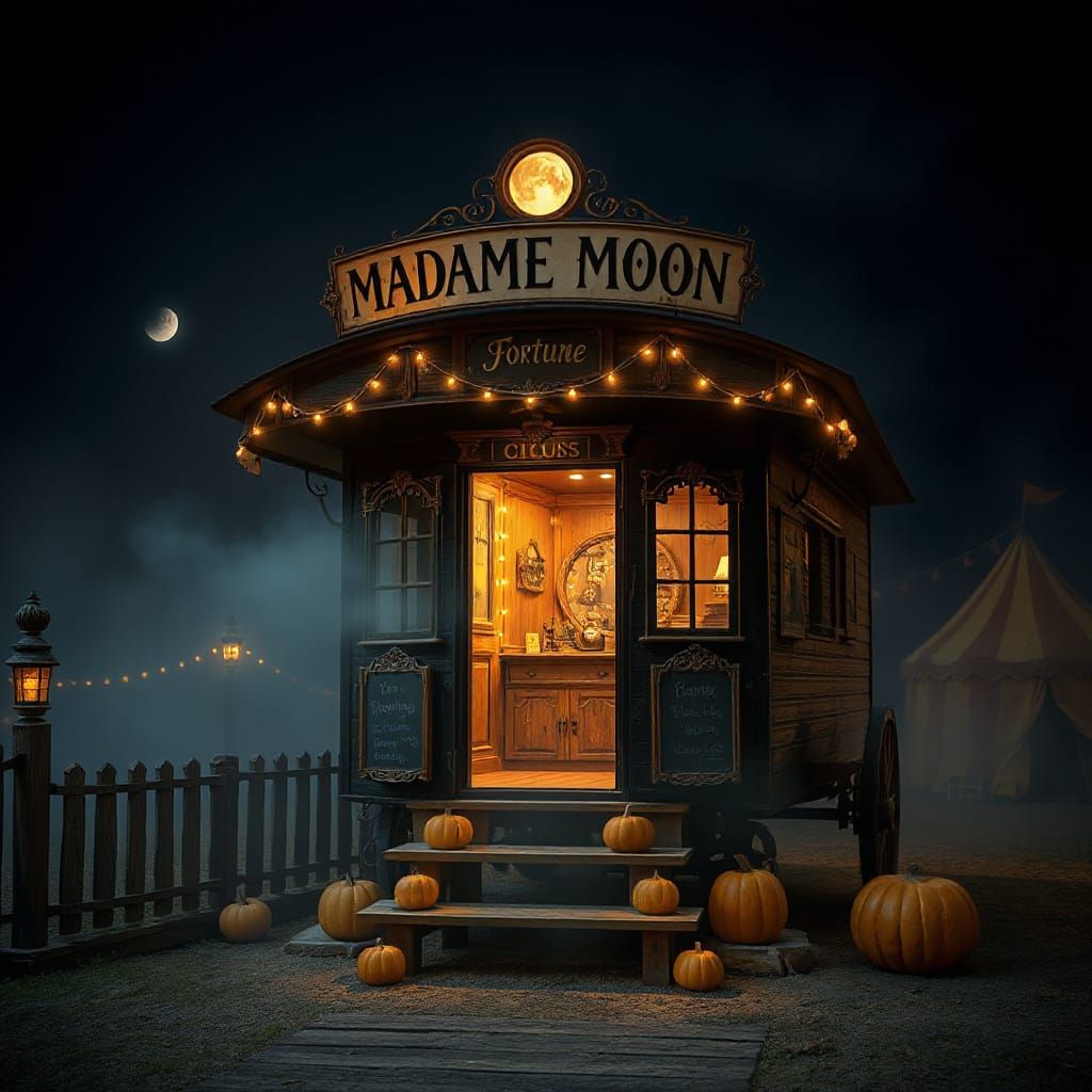 Vintage Fortune Teller Wagon Under Misty Moonlight