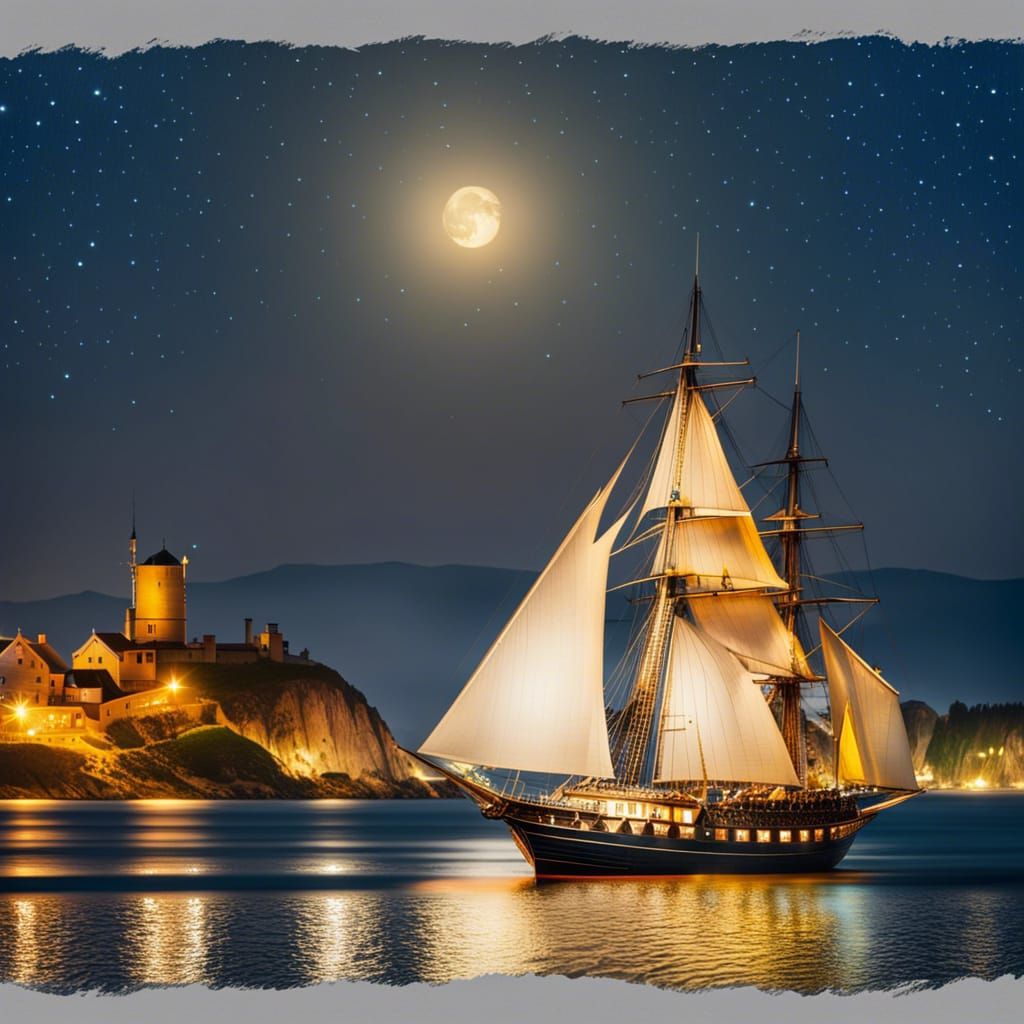 Sailing Ship at Night Near Bright Village