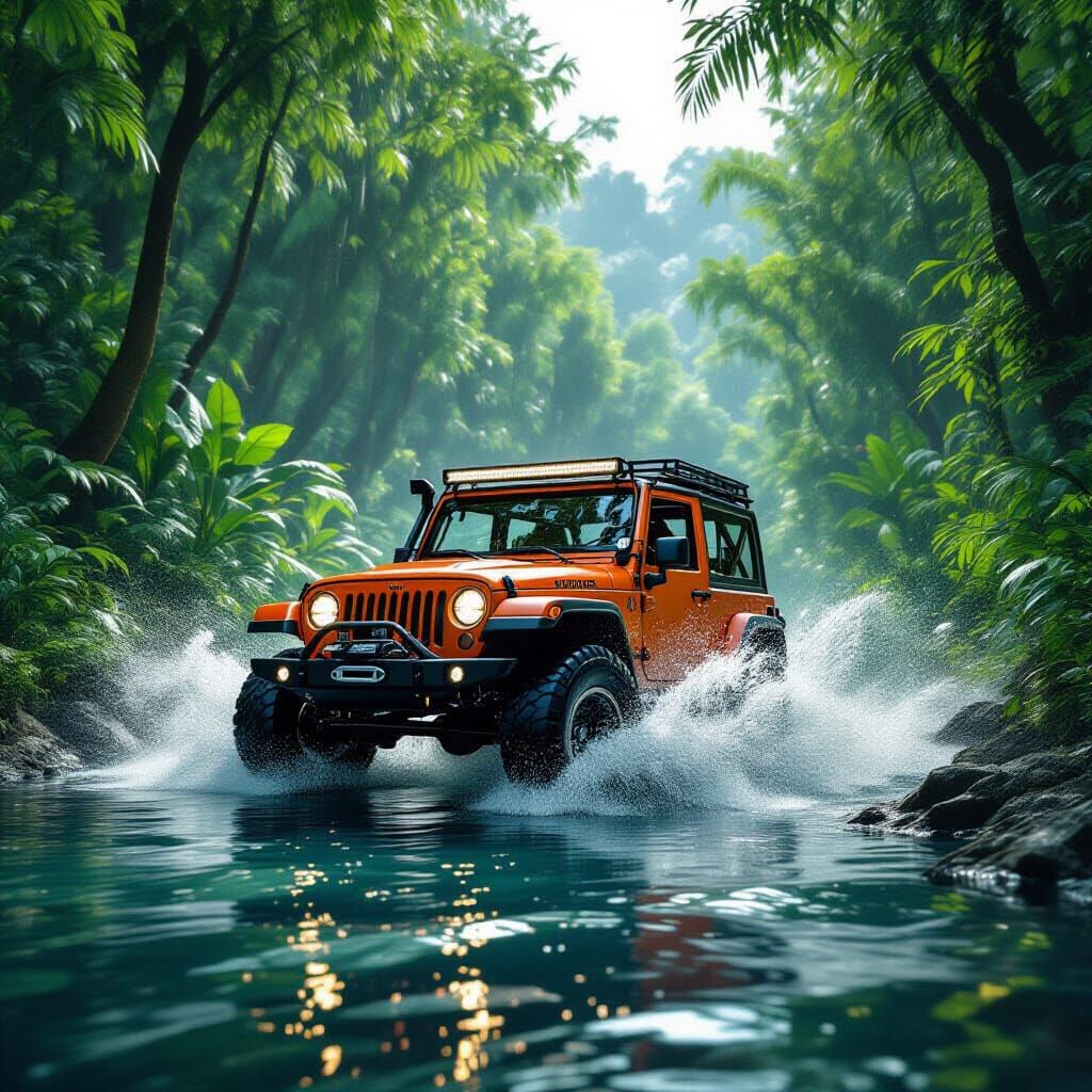 Red 4x4 Off-Road Adventure in Rainforest River
