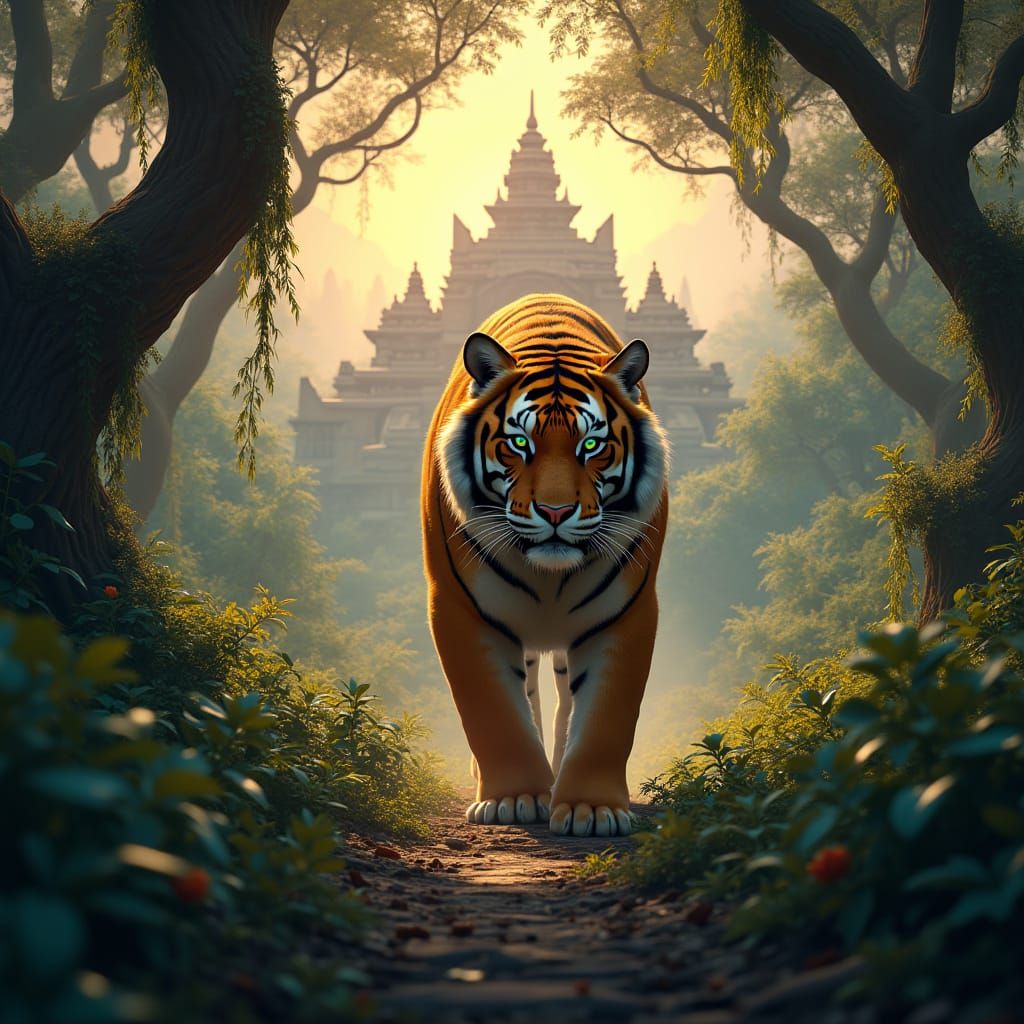 Majestic Tiger Stalks Ancient Jungle Temple