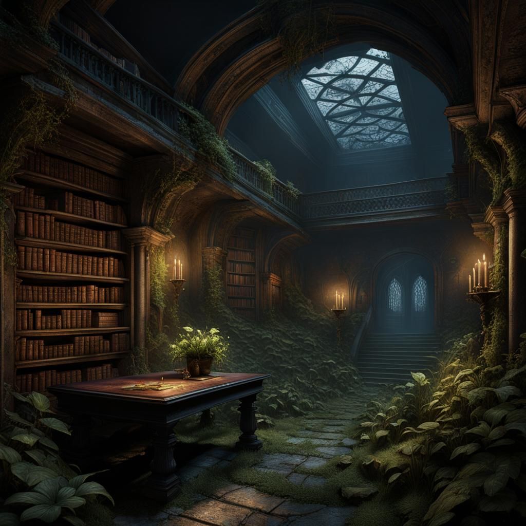 Abandoned Castle Basement Library in Detailed Matte Painting