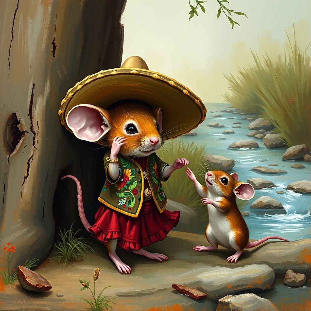 a tiny mouse dressed tradiotinal Mexican clothes is trying t...