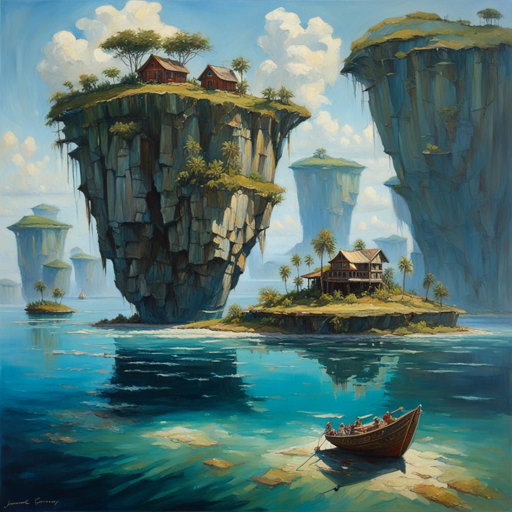 Floating Islands in Oil Painting Style