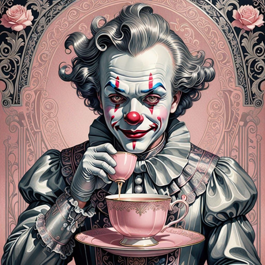 Art Deco Silver Clown Sipping Pink Tea Whimsical Digital Art
