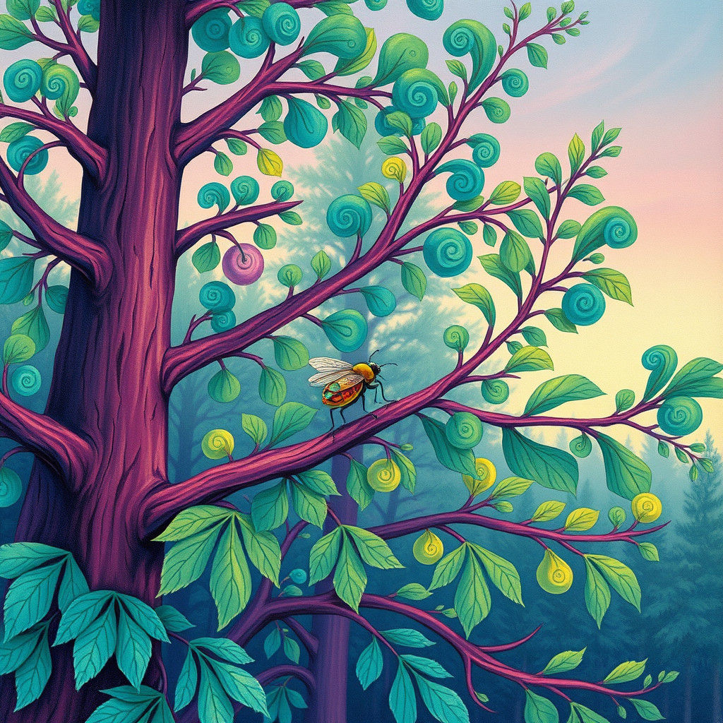 Thriving Hemlocks with Iridescent Insect in Dreamlike Gouach...