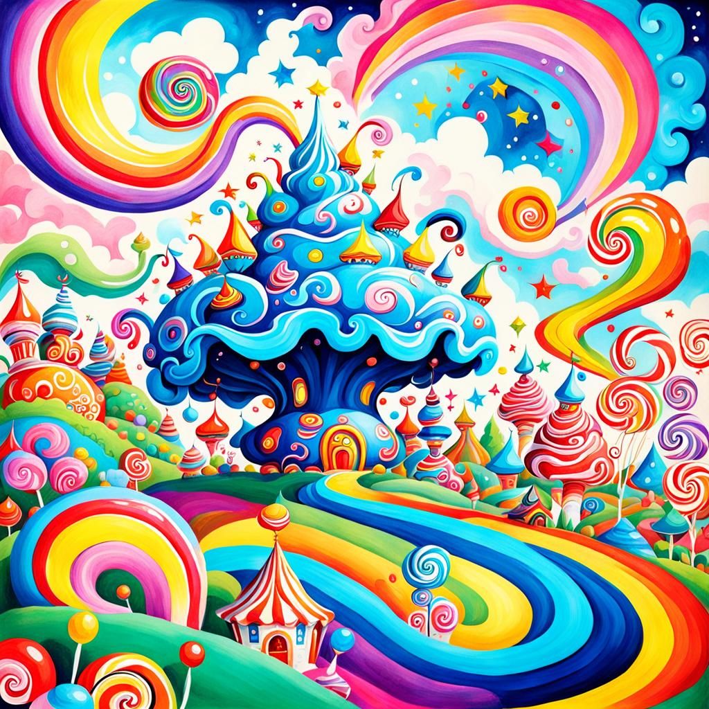 Genie Emerges in Candyland Wonderland: Gouache Art