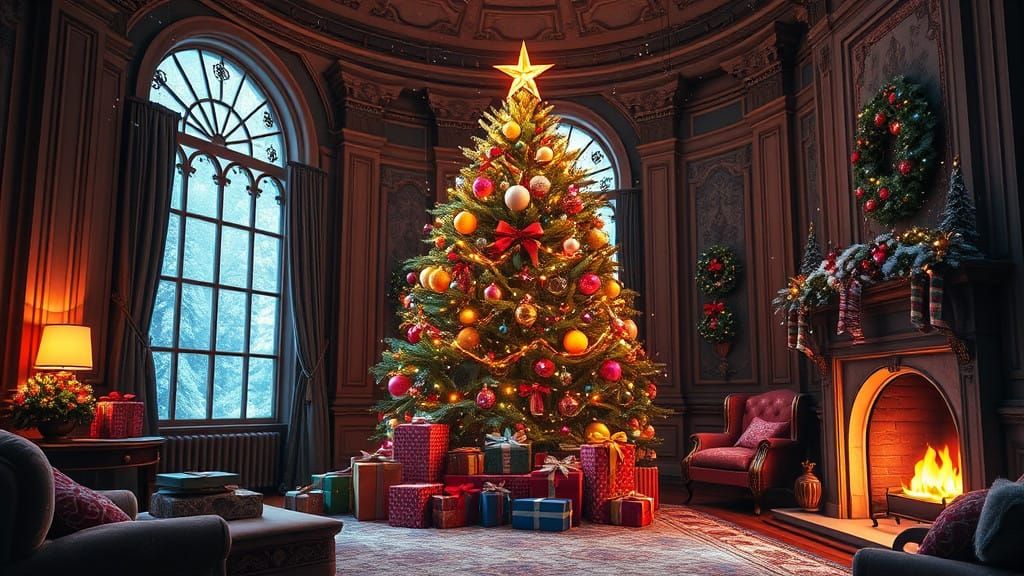 Cyberpunk Christmas Scene with Merry Tree and Gifts