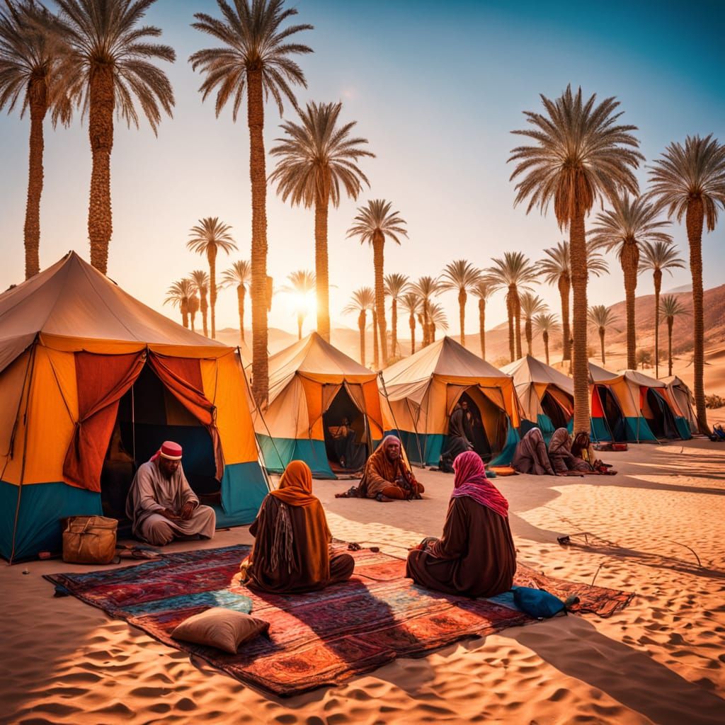 Surreal Desert Oasis with Bedouin Tents and Camels at Sunset