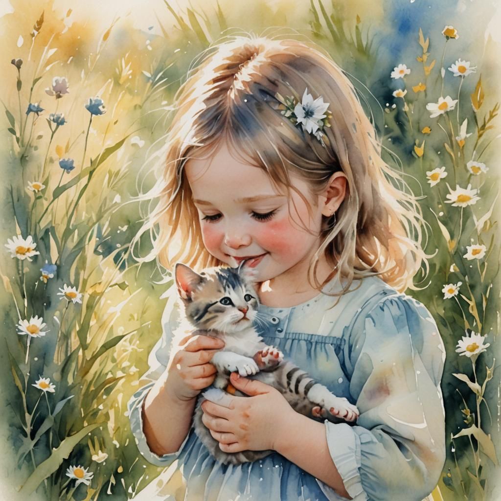 Baby with Kitten in Whimsical Watercolor Meadow