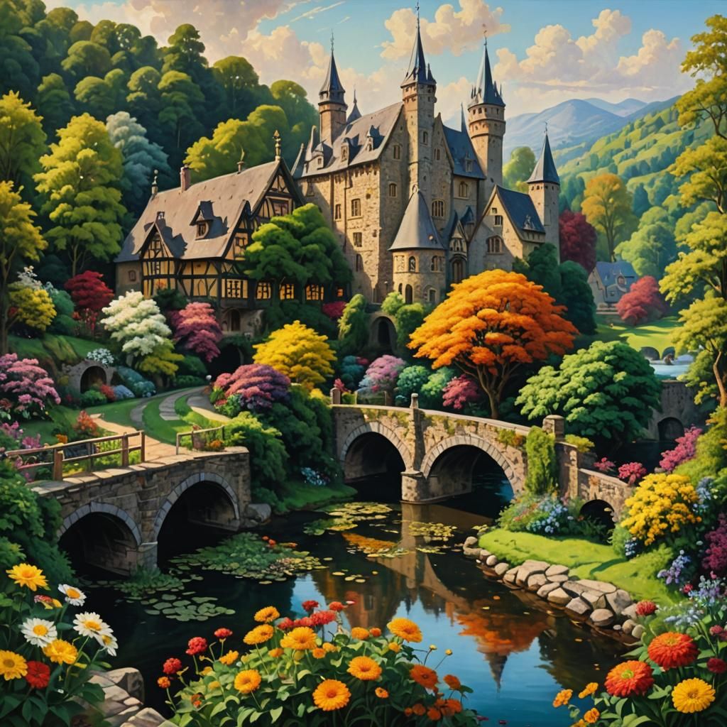 Gothic City and Chrysanthemum Garden in Sunlight