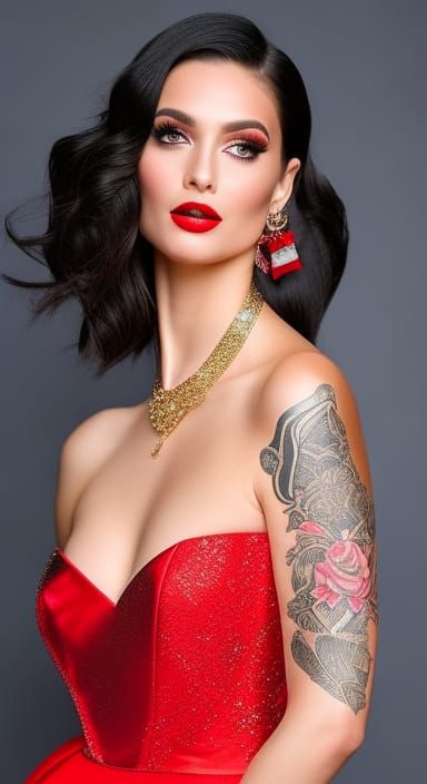 Tattooed Woman in Red Satin Dress: Sci-Fi Portrait