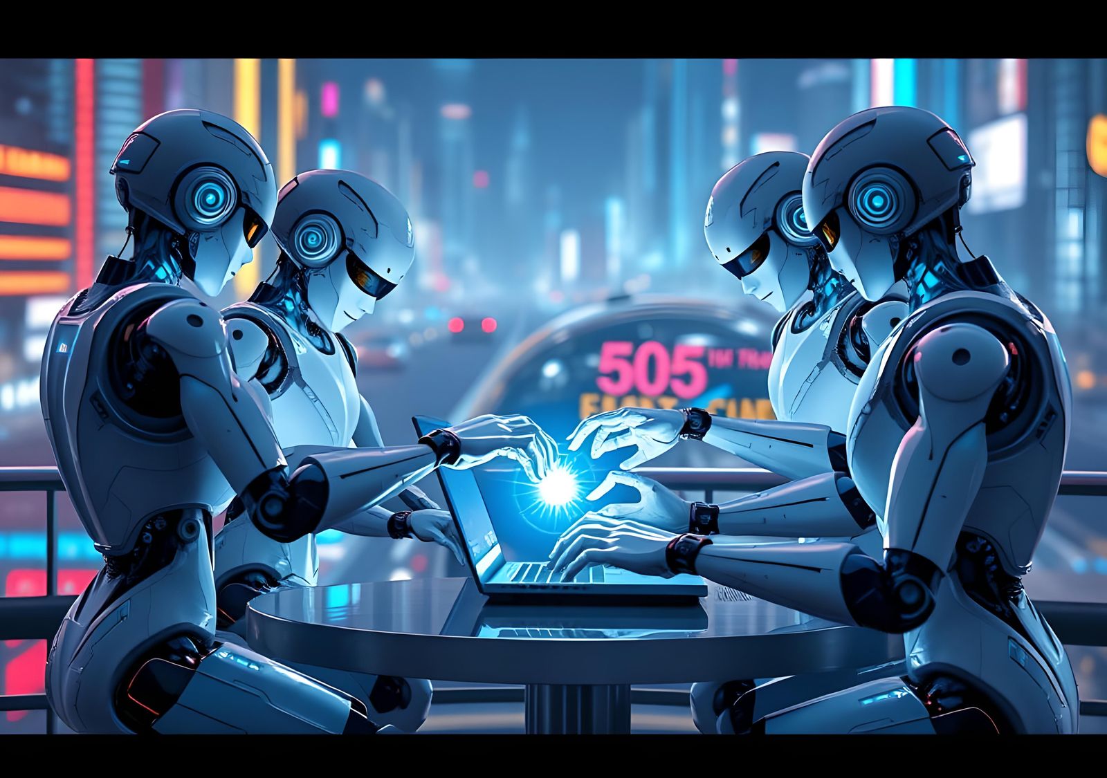 White Robots Interact with Technology Icon