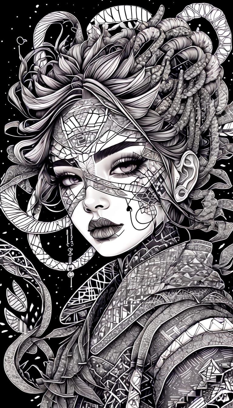 Ethereal Glitch Art with Intricate Zentangle Tendrils