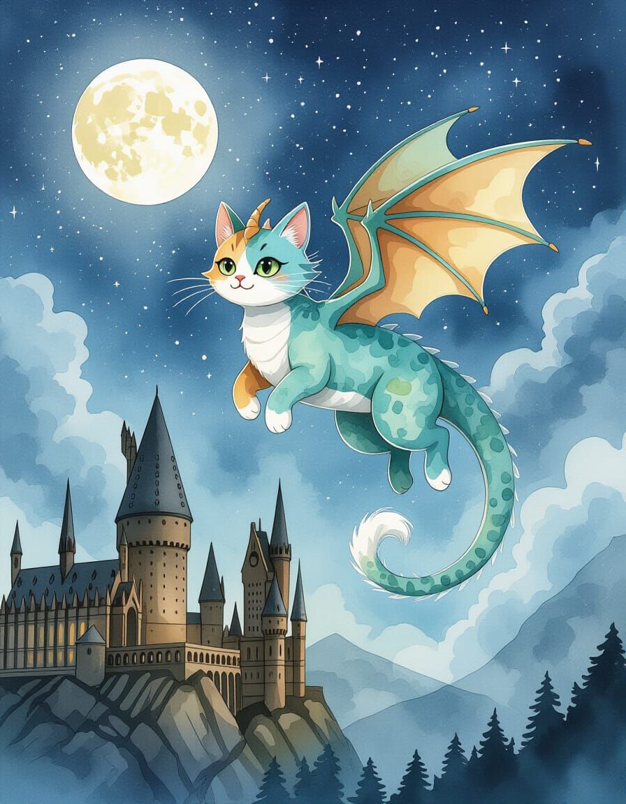 Cute Catdragon Made of Smoky Water Over Hogwarts