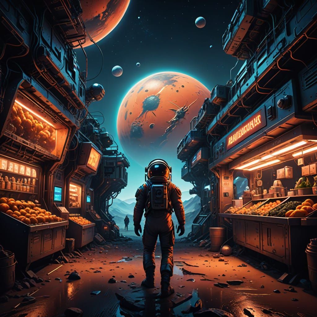 Russian Astronaut Storms Alien Food Market on Mars at Night