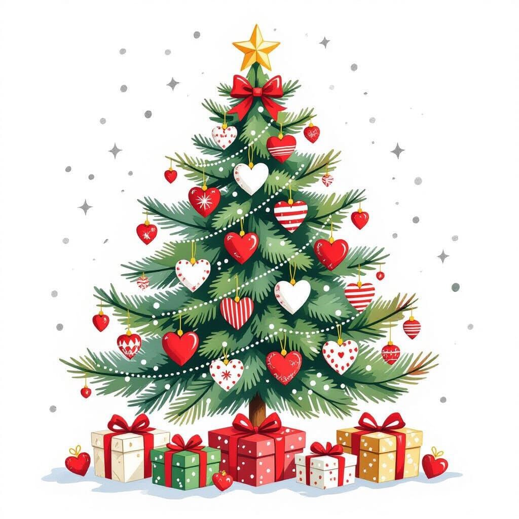 Whimsical Christmas Tree Illustration with Heart Ornaments