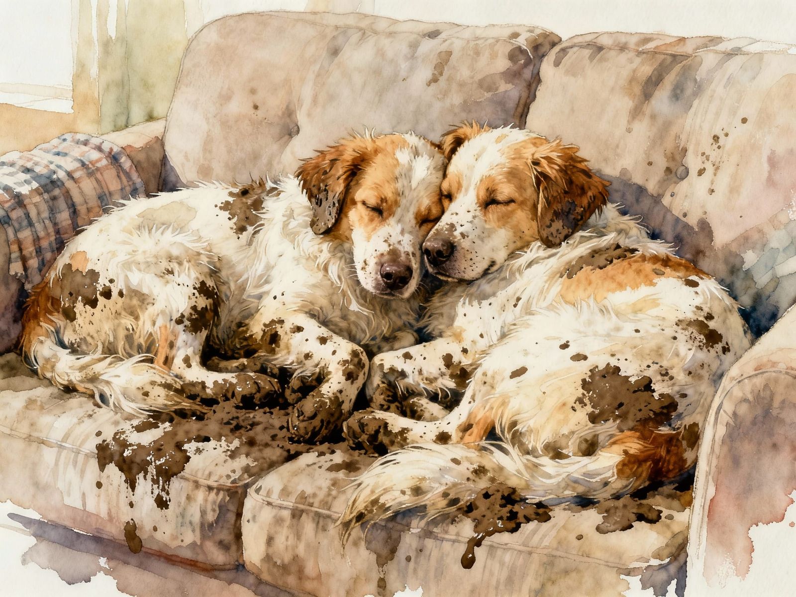 Cozy Muddy Puppies Relaxing on Sofa