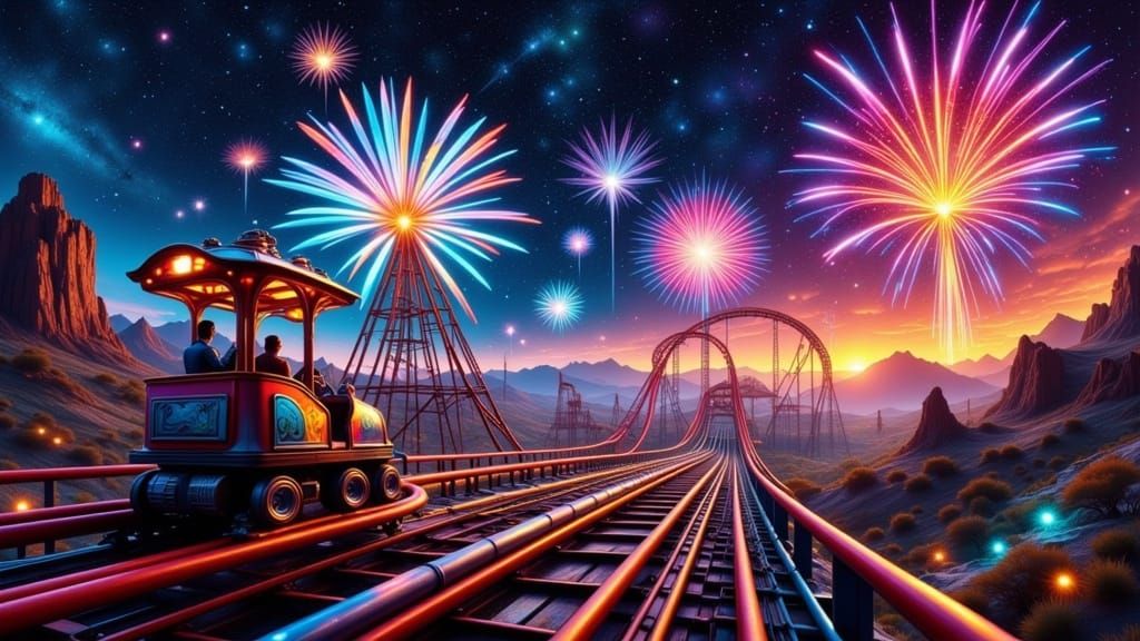 Hyperrealistic Rollercoaster Thrill Ride at Night